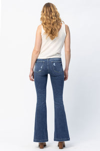 DARKWASH MID RISE TROUSER FLARE BUTTON FLY WITH DESTROYED DETAILS JUDY BLUE DENIM