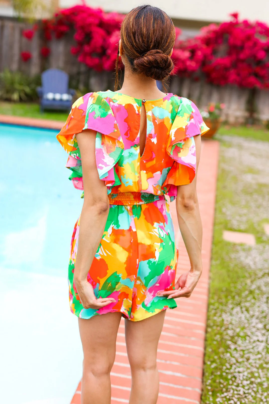 UNDER THE SUN ABSTRACT FLRAL SMOCKED WAIST VNECK FLUTTER SLEEVE ROMPER-PLUS