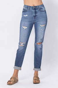 LIGHT WASH HIGH WAIST CUFFED BOYFRIED WITH DESTROY JUDY BLUE DENIM-PLUS