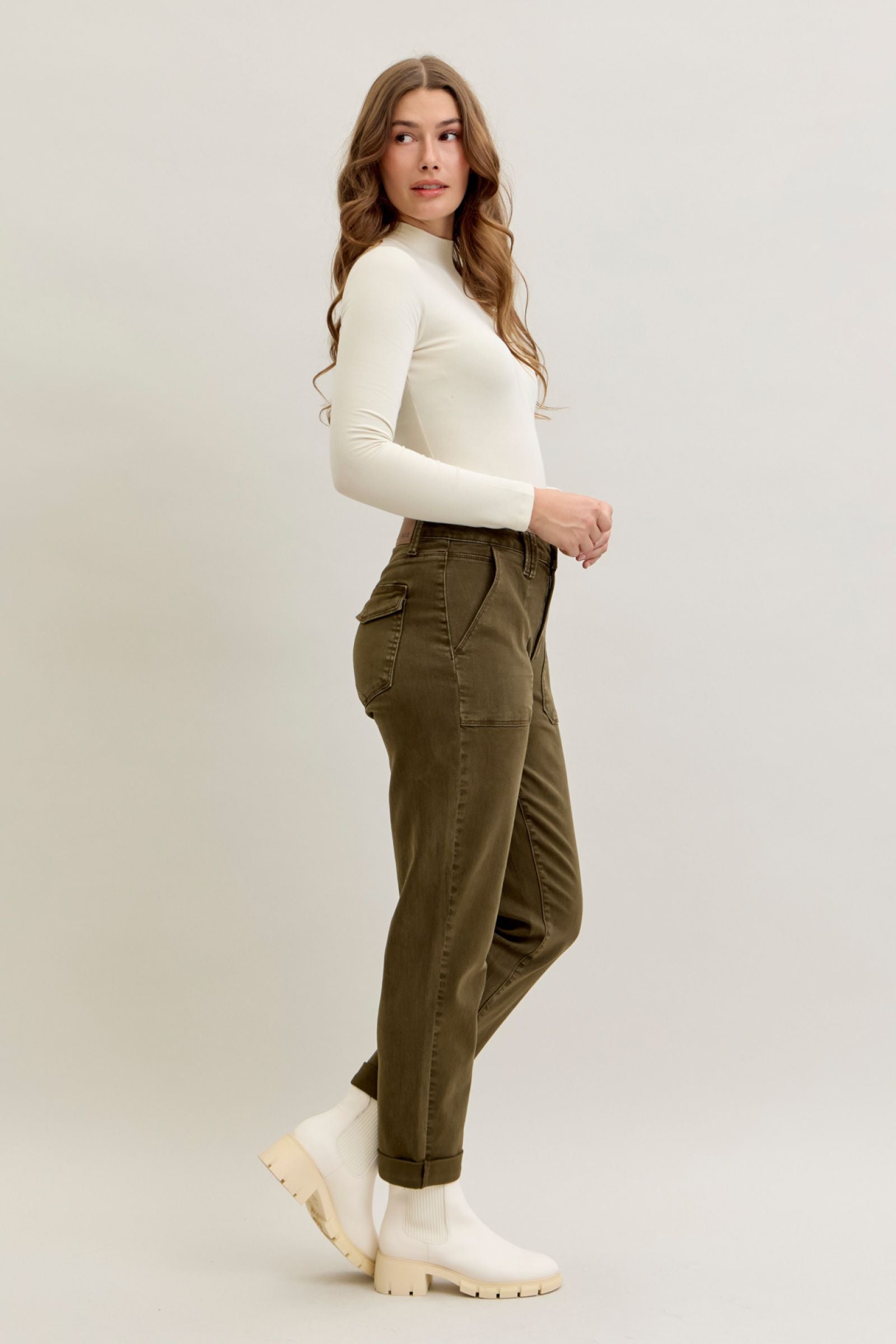 DARK FOREST GREEN HIGH WAIST AURORA WEEKENDER GARMENT DYED CUFFED JUDY BLUE DENIM-PLUS