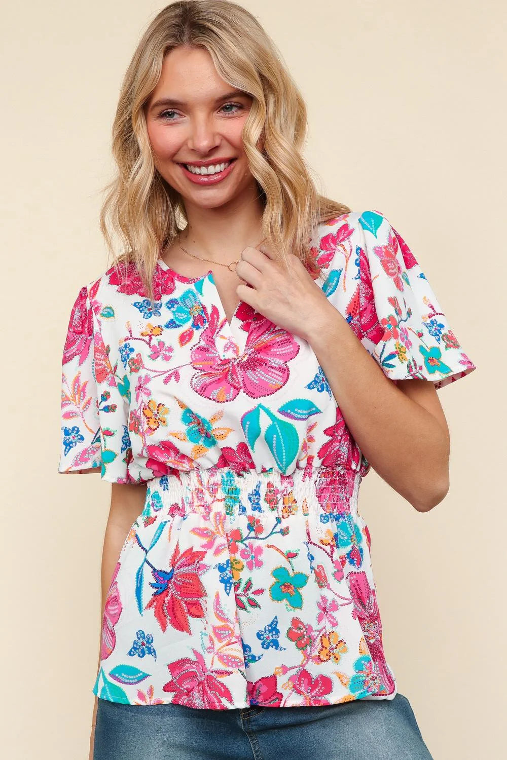 IVORY HOT PINK BLUE NOTCHED NECK SMOCKED WAIST FLORAL PRINT WOVEN BLOOUSE- PLUS- SALE