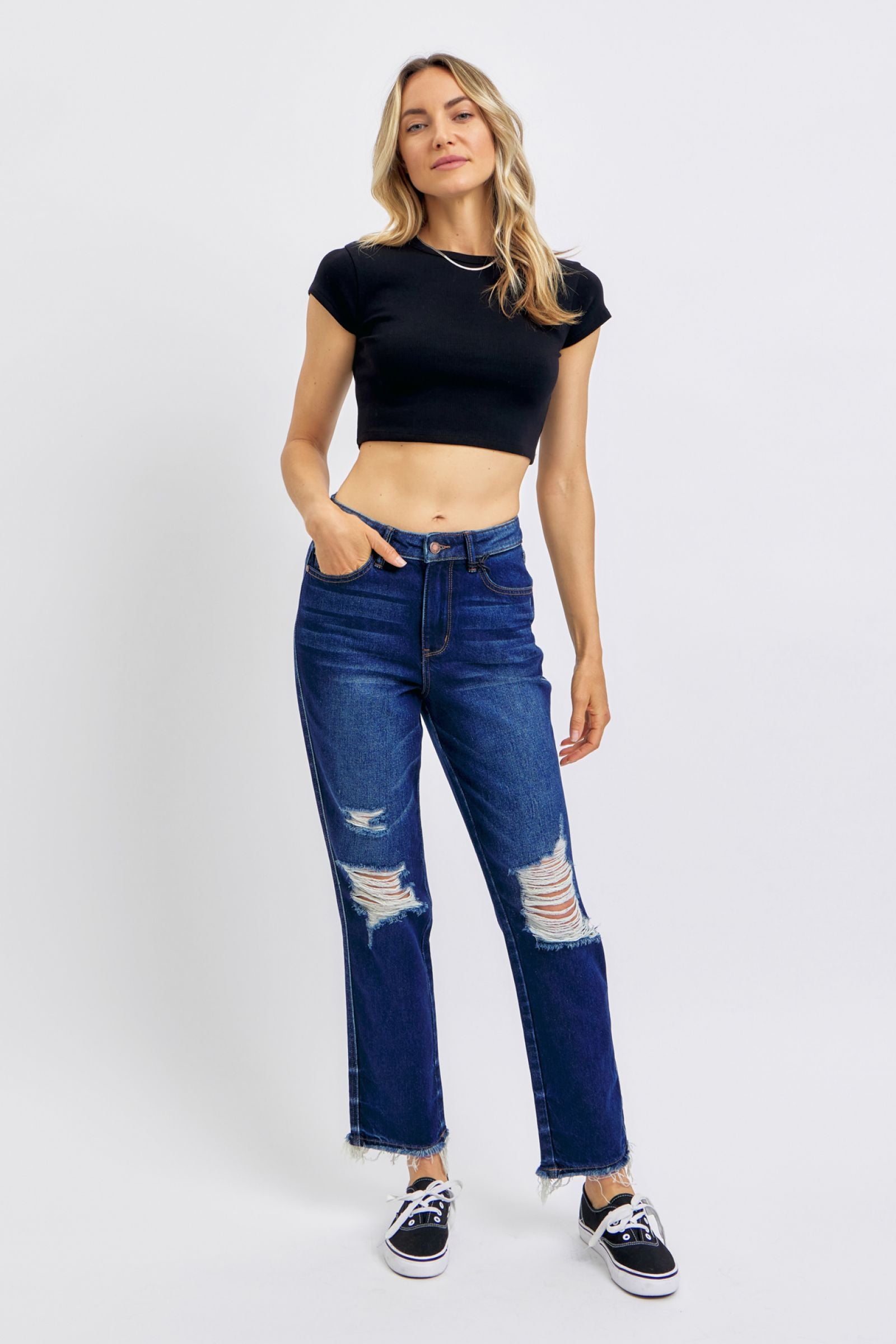 HIGH WAIST RIGID MAGIC HEAVY DESTROYED STRAIGHT DARKWASH JUDY BLUE DENIM