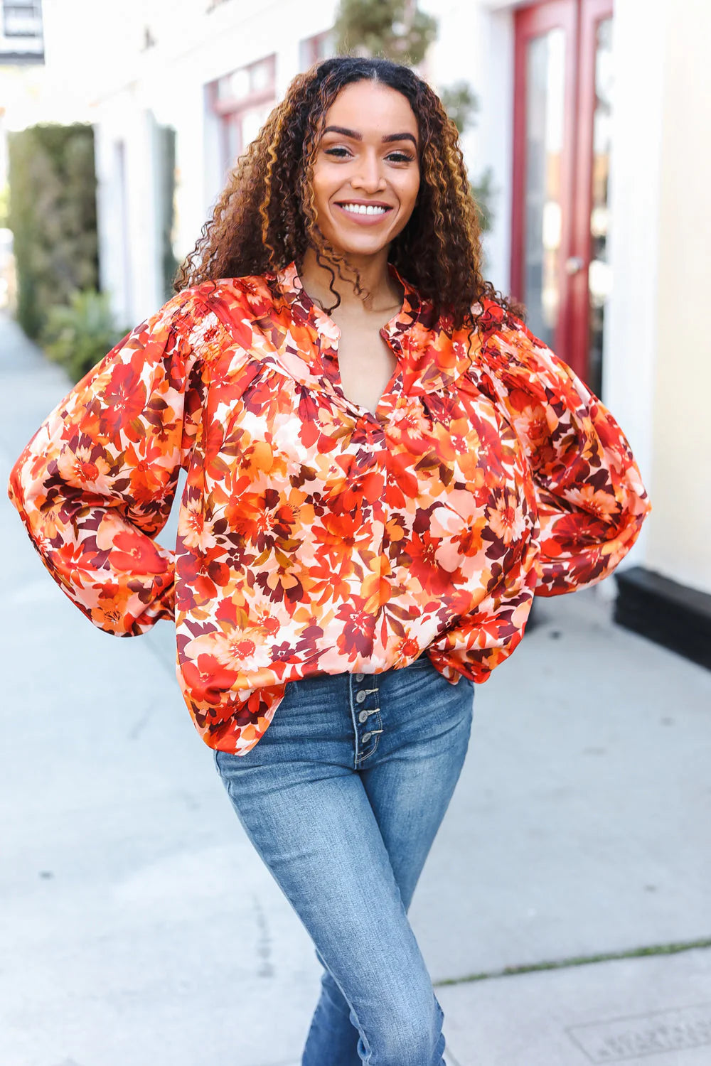 FALL VIBES RUST FLORAL PRINT NOTCHED NECK SMOCKED SATIN BLOUSE-PLUS