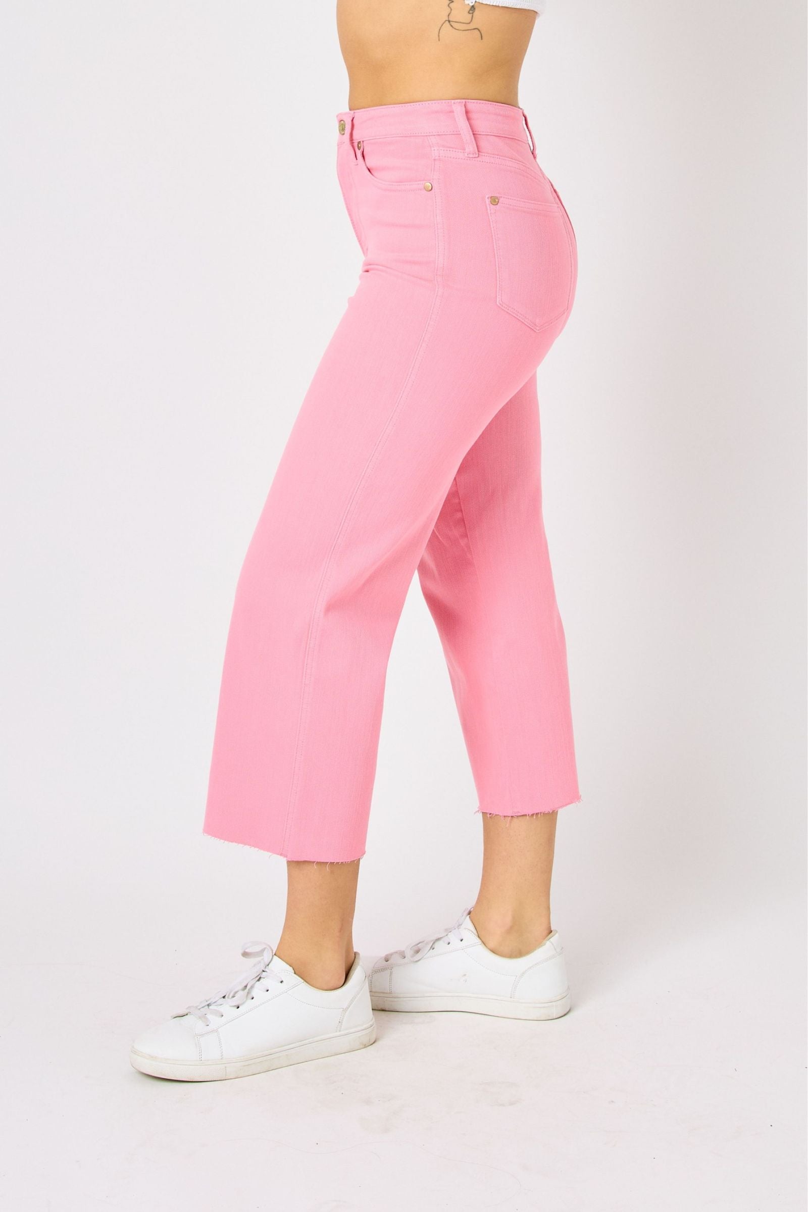 PINK HIGH WAIST GARMENT DYED TUMMY CONTROL CROPPED WIDE LEG JUDY BLUE DENIM- PLUS