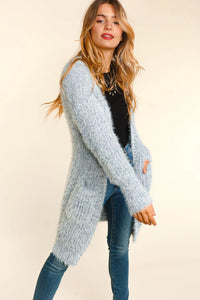 FUZZY HAIRY TWO TONE SIDE POCKET GREY CARDIGAN