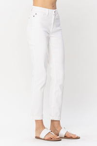 JUDY BLUE WHITE BOYFRIEND DOUBLE CUFF HIGH WAIST DENIM