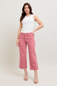 ROSE HIGH WAIST GARMENT DYED RAW HEM CROP WIDE LEG JUDY BLUE DENIM-PLUS