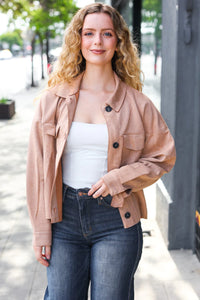 TAN SUEDE CROPPED BOXY FIT MOTTO STYLE JACKET