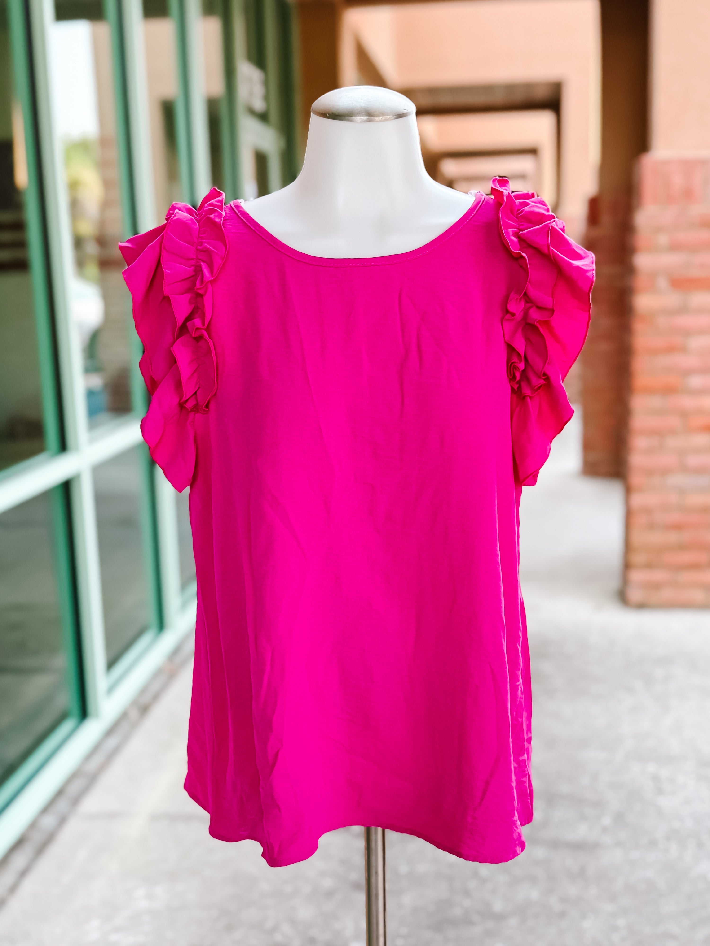 Hot Pink Crinkle Double Ruffle Short Sleeve Top- SALE