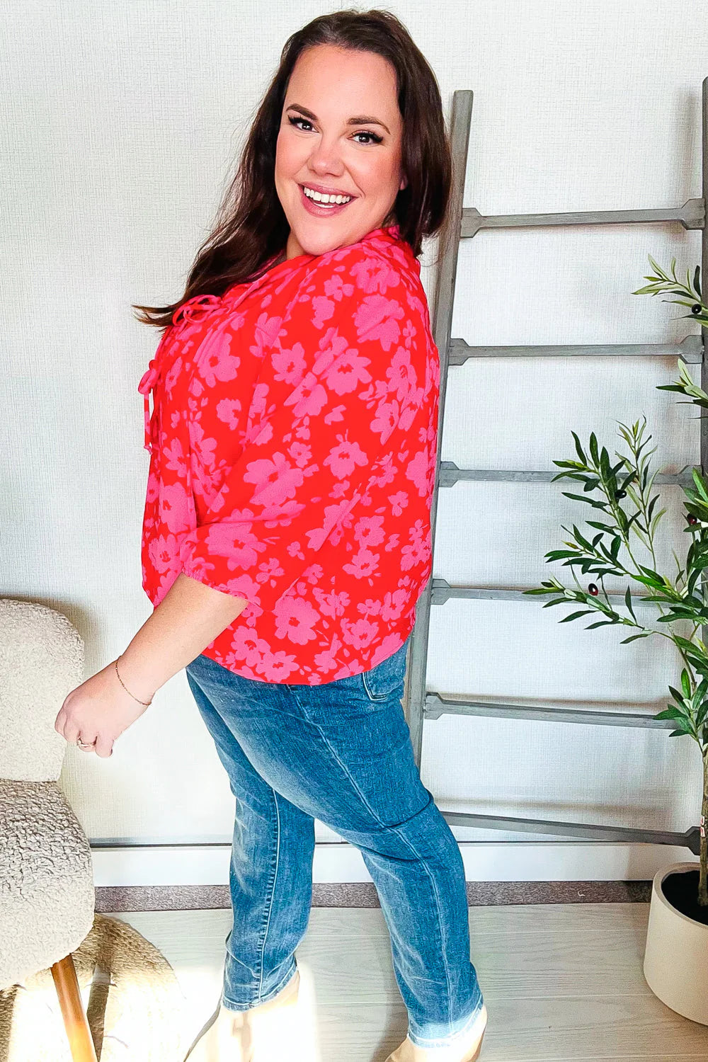 RED PINK RIBBON BOW FLORAL WOVEN TOP