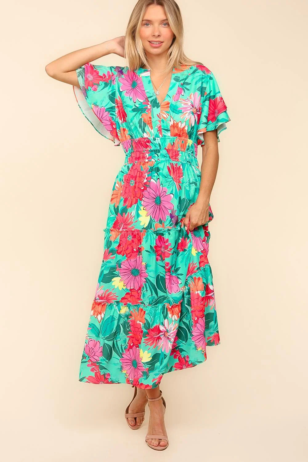 TEAL AQUA PINK SUMMERY FLORAL MAXI DRESS WITH POCKETS