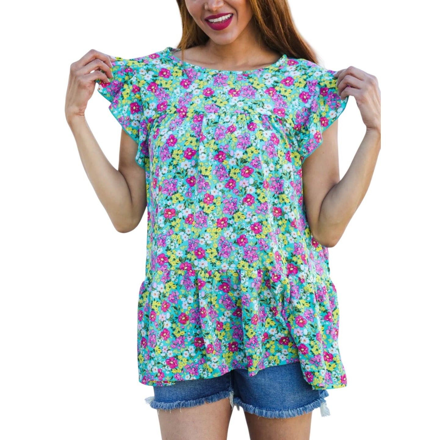 MINT FLORAL YOKE FLUTTER KEYHOLE BACK RUFFLE TOP- SALE- MEDIUM AVAILABLE