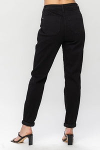 BLACK HIGH WAIST JET BLACK DOUBLE ROLL CUFF JOGGERS JUDY BLUE DENIM