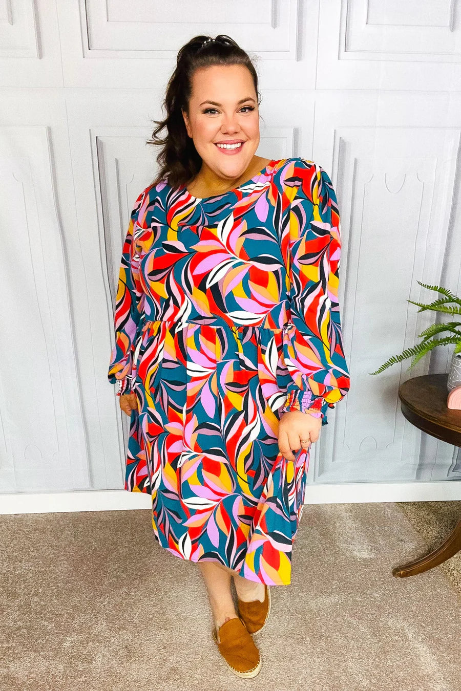 PERFECTLY YOU TEAL ABSTRACT PRINT SMOCKED CUFF BUBBLE SLEEVE DRESS-PLUS