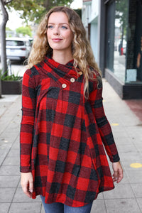 RED PLAID BUTTON NECK TUNIC