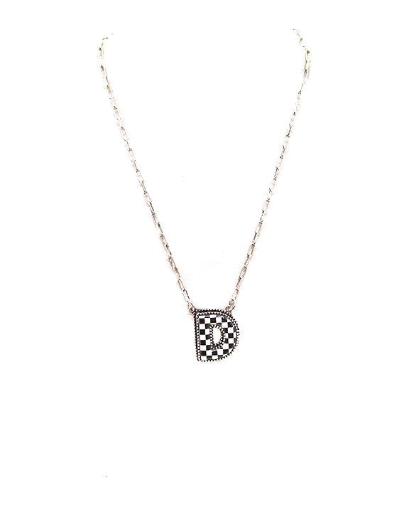 CHECKERED BUBBLE INITIAL BLACK & WHITE ON SILVER CHAIN WITH 18" + 3" EXTENDER NECKLACE