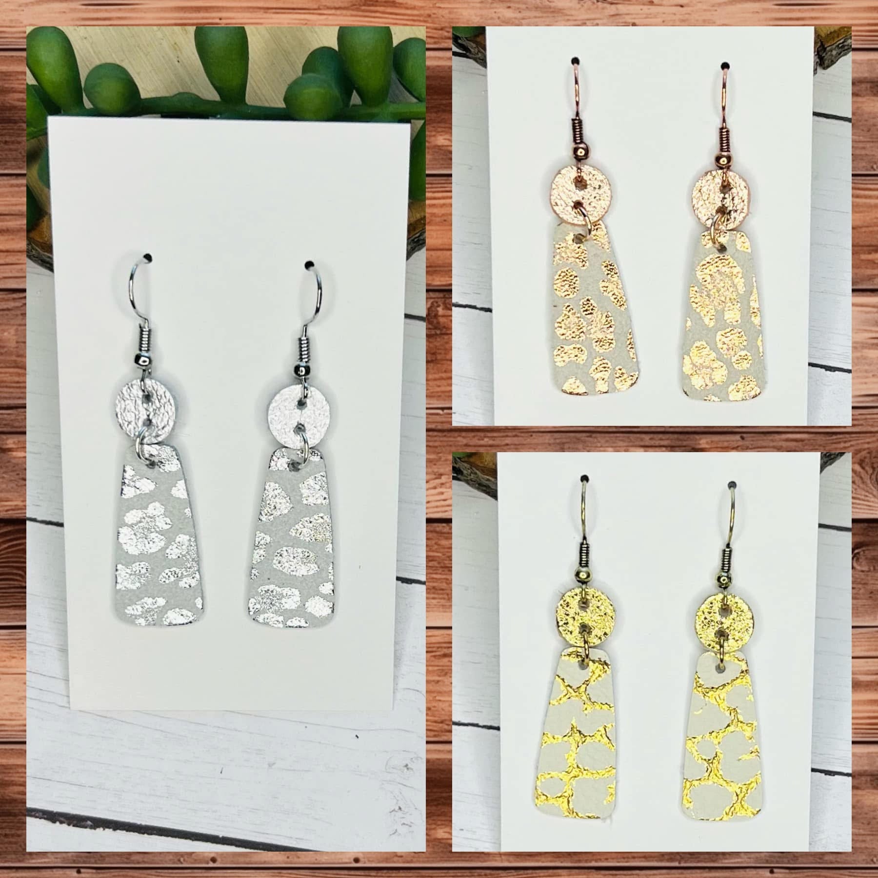 METALLIC SHIMMER ROUNDED RECTANGLE WITH CIRCLES LEATHER HANDMADE EARRINGS BY B.O.D