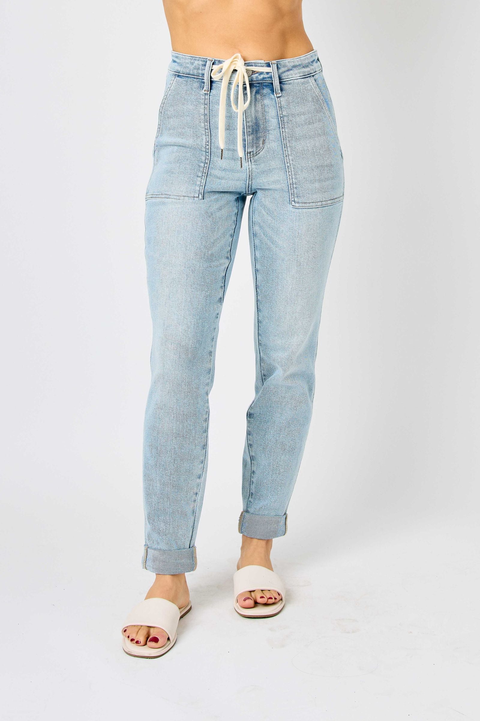 JOGGERS LIGHT WASH HIGH WAIST VINTAGE DOUBLE CUFF JUDY BLUE DENIM-PLUS
