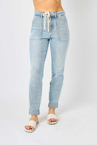 JOGGERS LIGHT WASH HIGH WAIST VINTAGE DOUBLE CUFF JUDY BLUE DENIM-PLUS