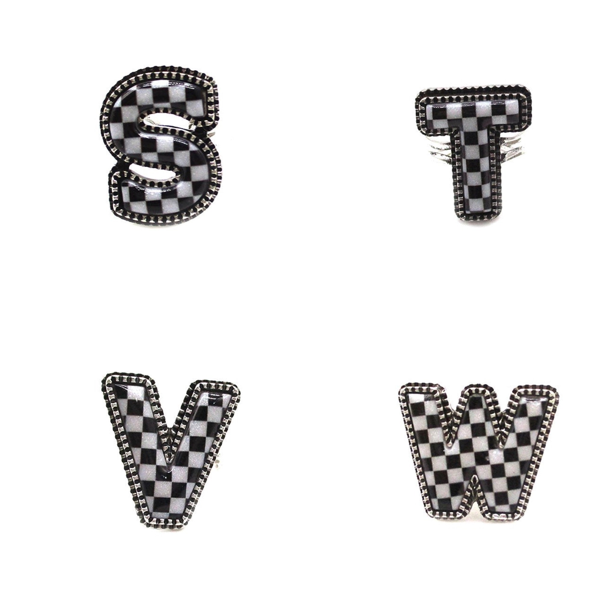 CHECKERED BUBBLE INITIAL BLACK & WHITE ON SILVER ADJUSTABLE CUFF RING