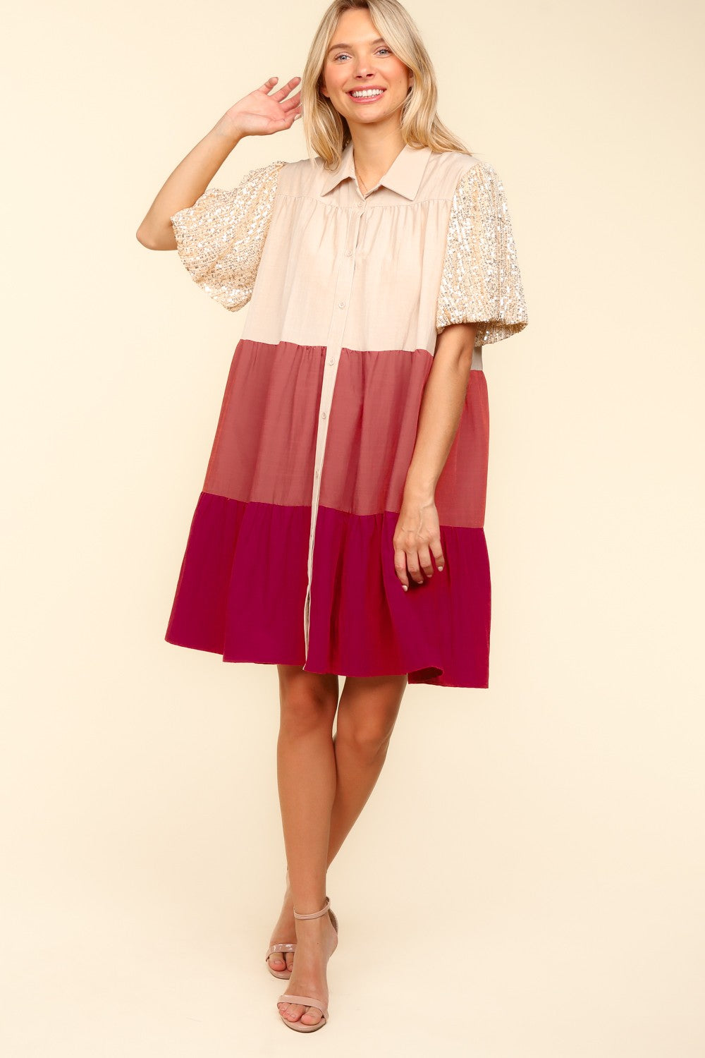 TAUPE RUST MULTI SEQUINS BUBBLE SLEEVE POCKETED COLLARED DRESS-PLUS