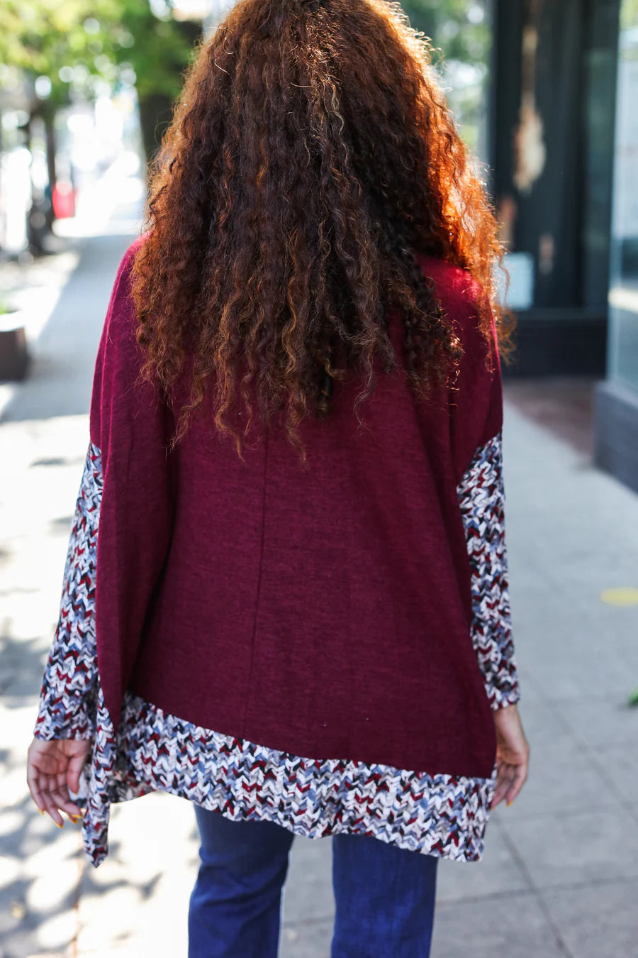 BURGUNDY PRINT DESIGN DOLMAN SWEATER TOP