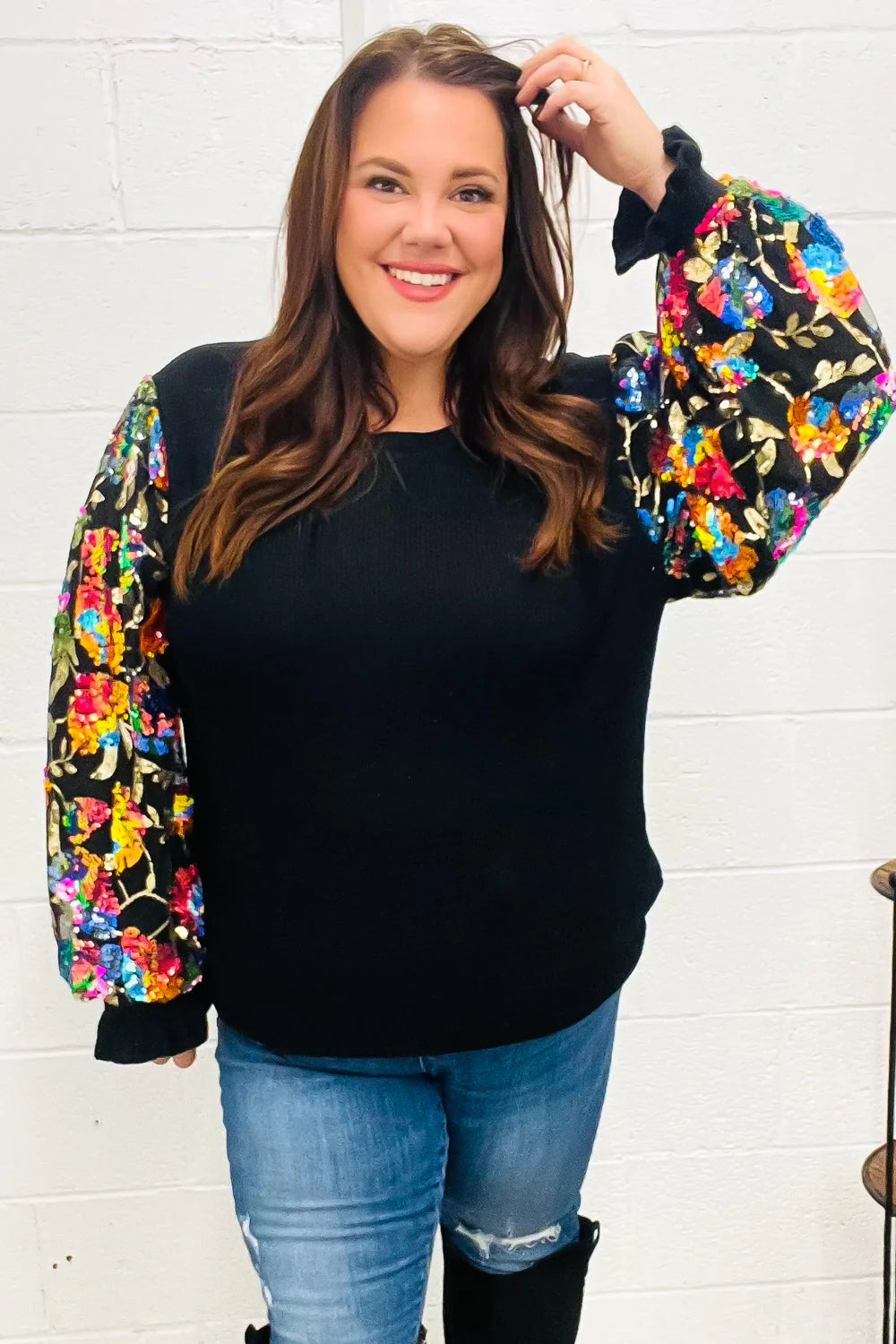 BLACK DIVA DREAMS FLORAL SEQUIN MESH RIB KNIT BLOUSE