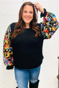 BLACK DIVA DREAMS FLORAL SEQUIN MESH RIB KNIT BLOUSE