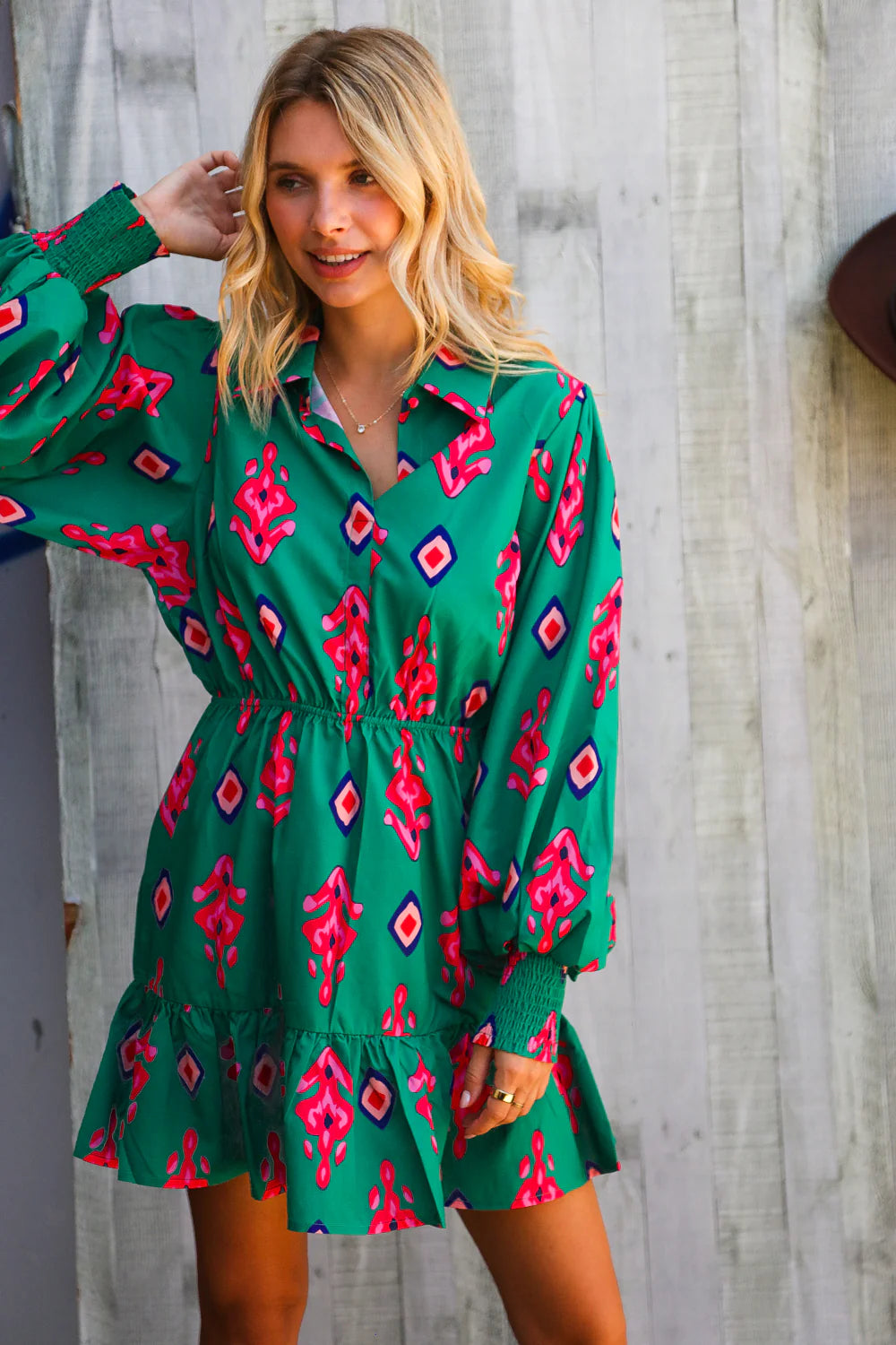 ROYAL GREEN PINK MULTI AZTEC TRIBAL SMOCKED CUFF SLEEVES LONGSLEEVE DRESS