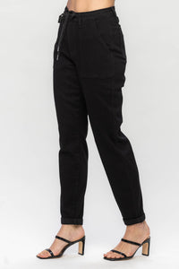 BLACK HIGH WAIST JET BLACK DOUBLE ROLL CUFF JOGGERS JUDY BLUE DENIM-PLUS