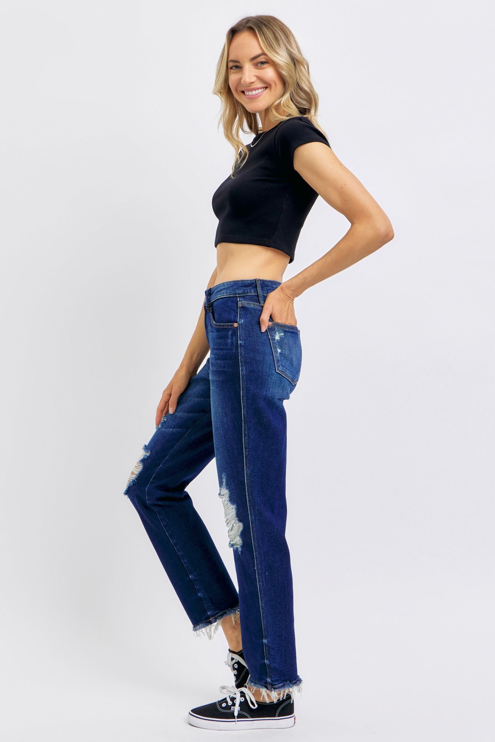 HIGH WAIST RIGID MAGIC HEAVY DESTROYED STRAIGHT DARKWASH JUDY BLUE DENIM