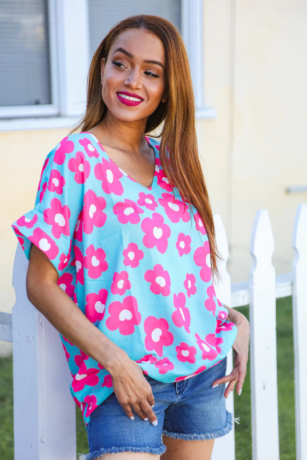 AQUA BLUE AND PINK FLORAL PRINT DOLMAN TOP-PLUS