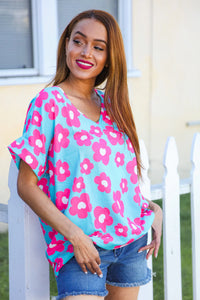 AQUA BLUE AND PINK FLORAL PRINT DOLMAN TOP-PLUS