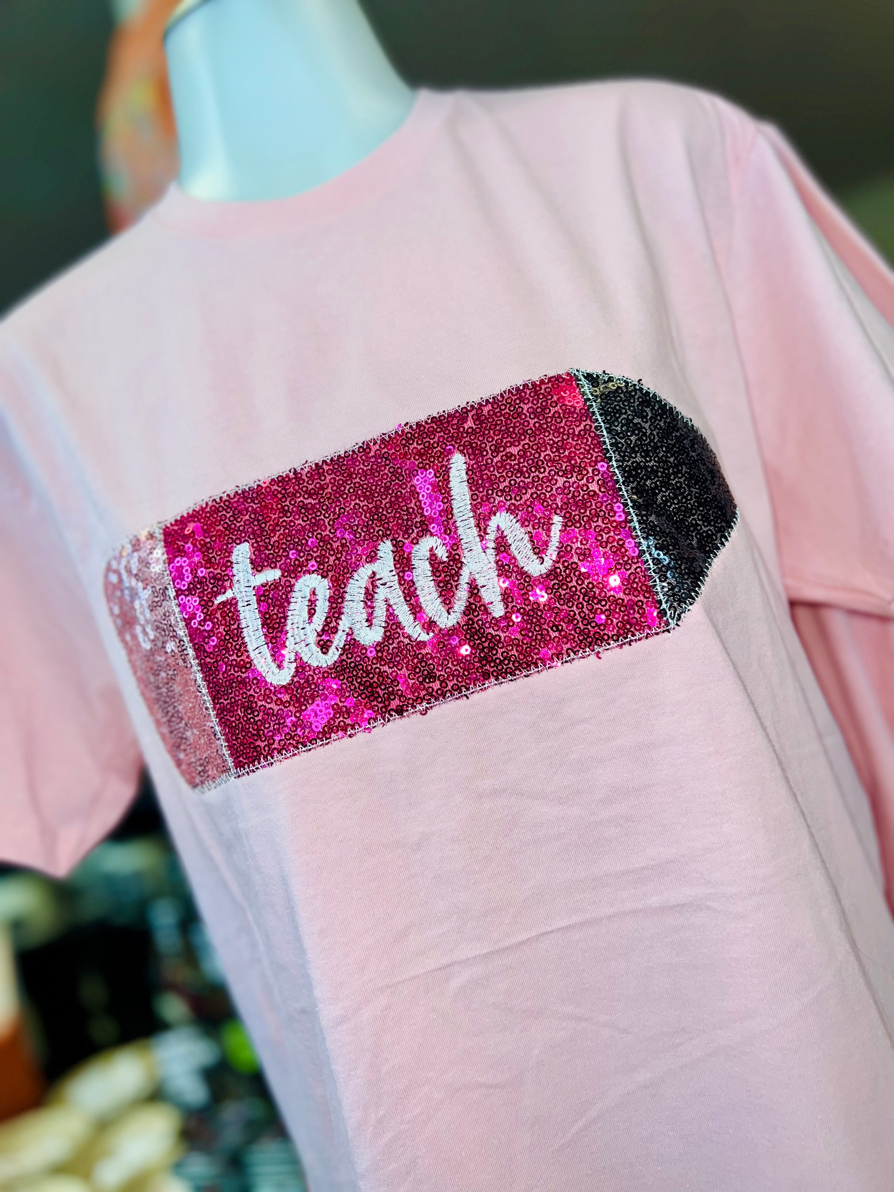 TEACH PENCIL SEQUINS LIGHT PINK & FUCHSIA APPLIQUE HANDMADE TEE