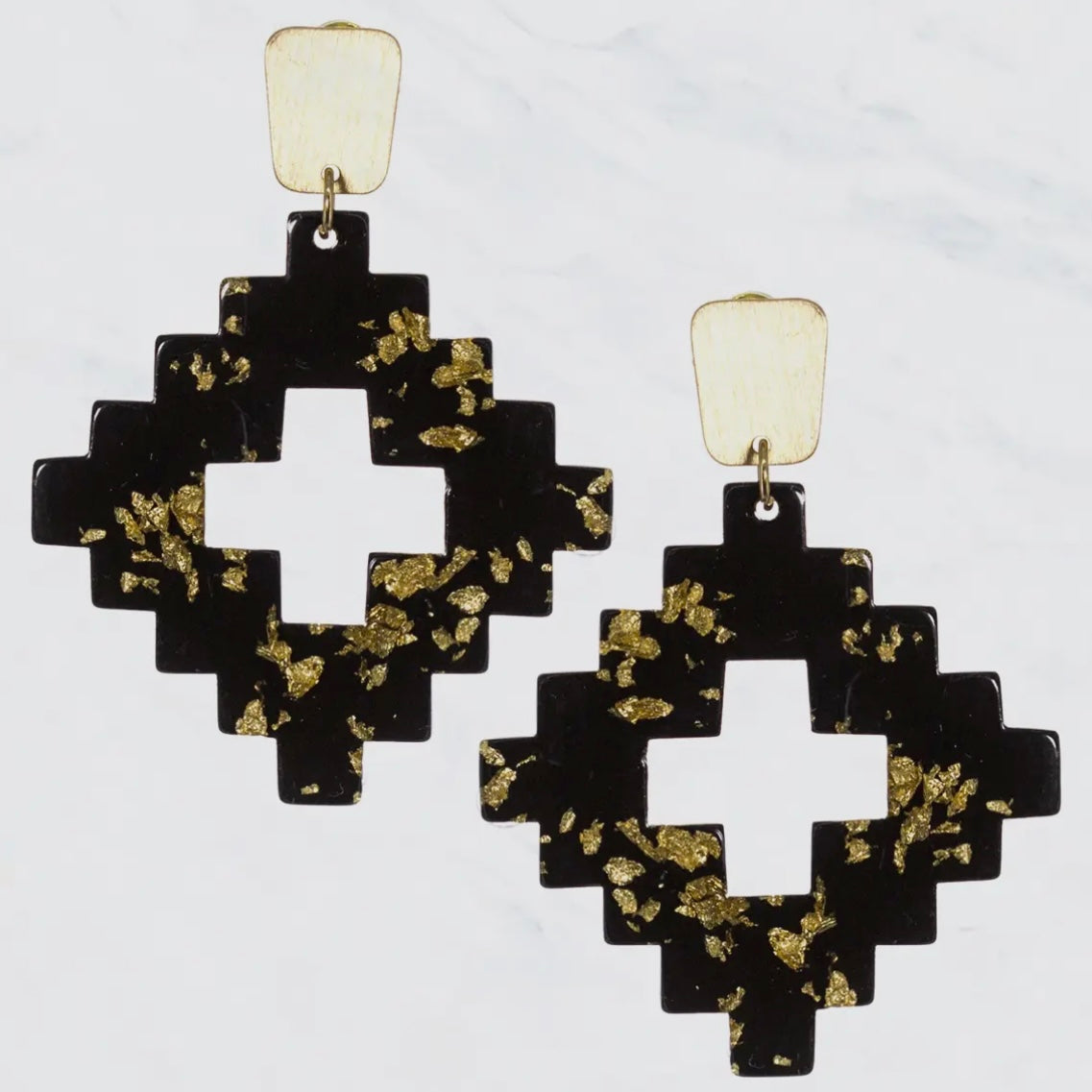 AZTEC SHAPE GOLD FLAKE SPECKLES EARRINGS