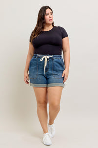DARK WASH HIGH WAIST CUFFED JOGGER SHORTS BY JUDY BLUE DENIM-PLUS