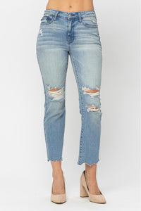 MID RISE TINTED WASH DESTROY CROP STRAIGHT MEDIUM WASH DENIM JUDY BLUE