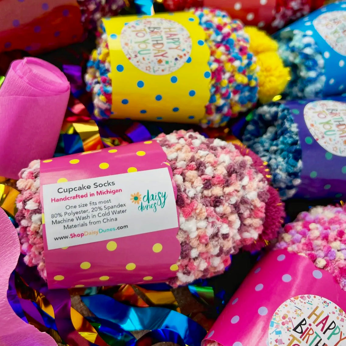 HAPPY BIRTHDAY COZY CUPCAKE SOCKS HANDCRAFTED BY DAISY DUNES