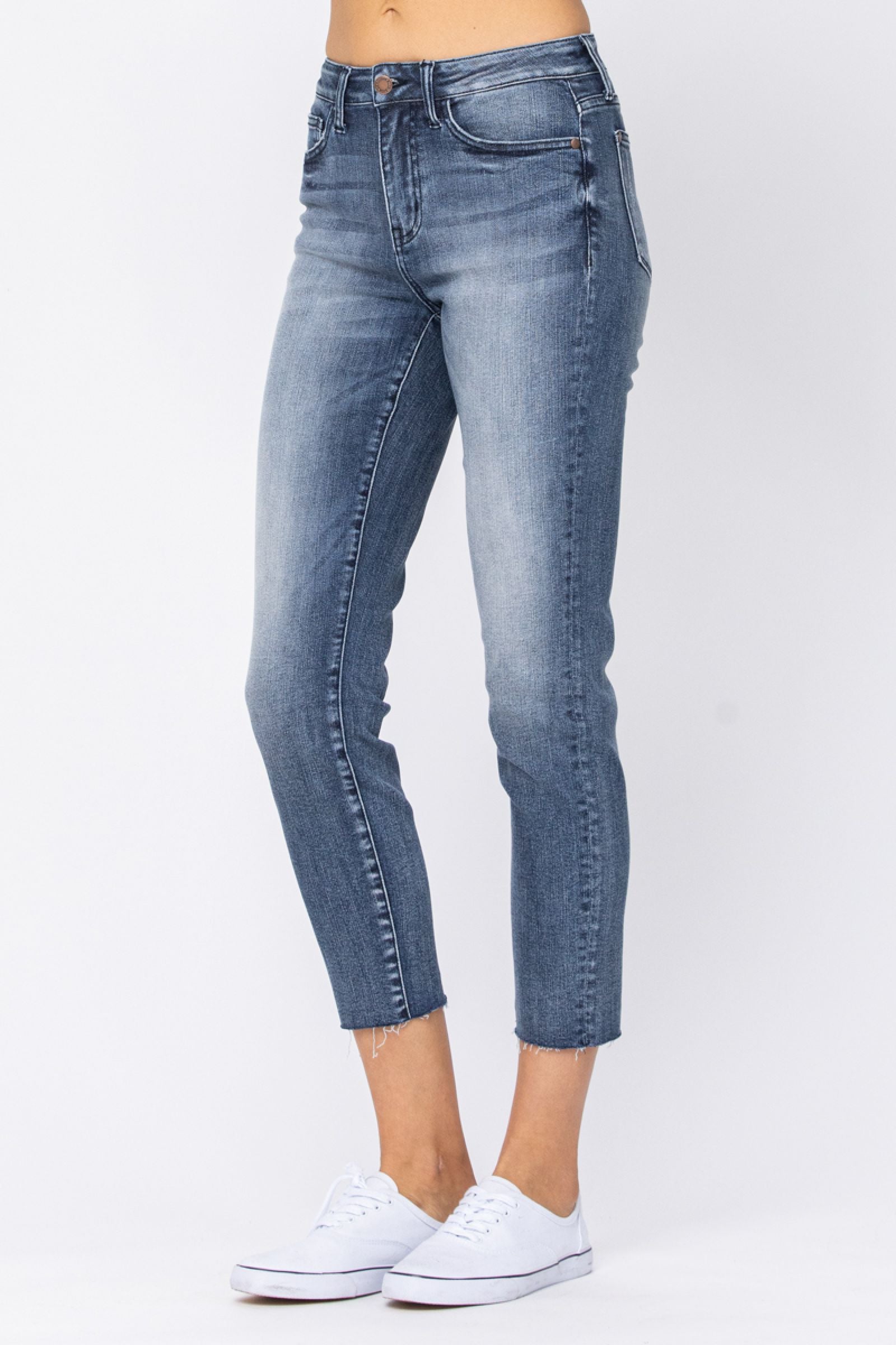 DARKWASH HIGH RISE RAW HEM RELAXED FIT JUDY BLUE DENIM-PLUS