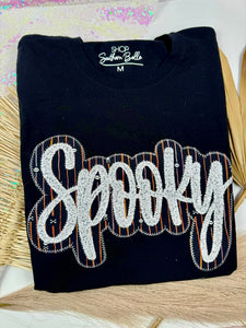 BLACK SPOOKY SEQUINS HANDMADE APPLIQUE SHORT SLEEVE TEE