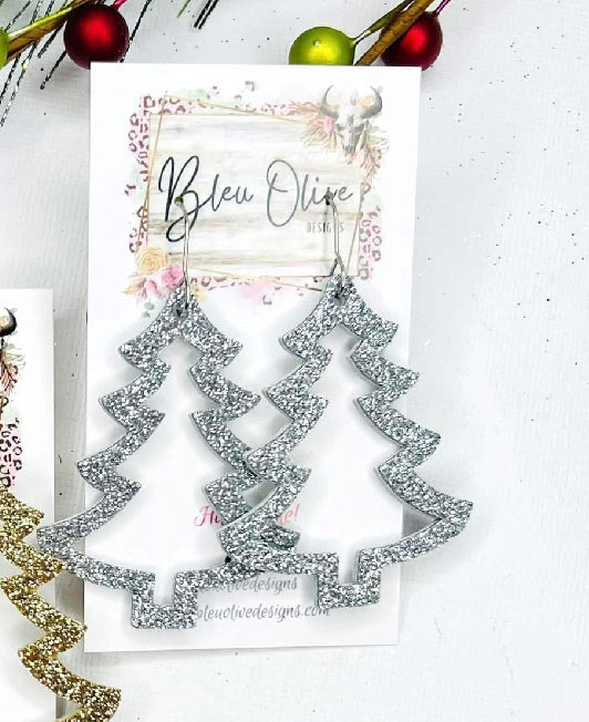 CHRISTMAS TREES OUTLINE CUTOUT SPARKLY GLITTER HANDMADE EARRINGS BY B.O.D