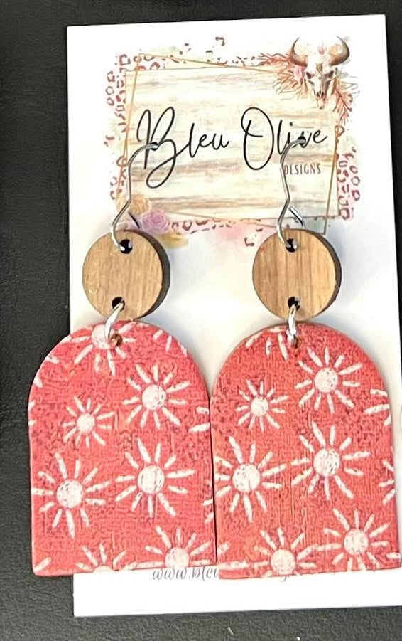 RED MARSALA WHITE SUNS LEATHER TWO TIER HANDMADE EARRINGS BY B.O.D