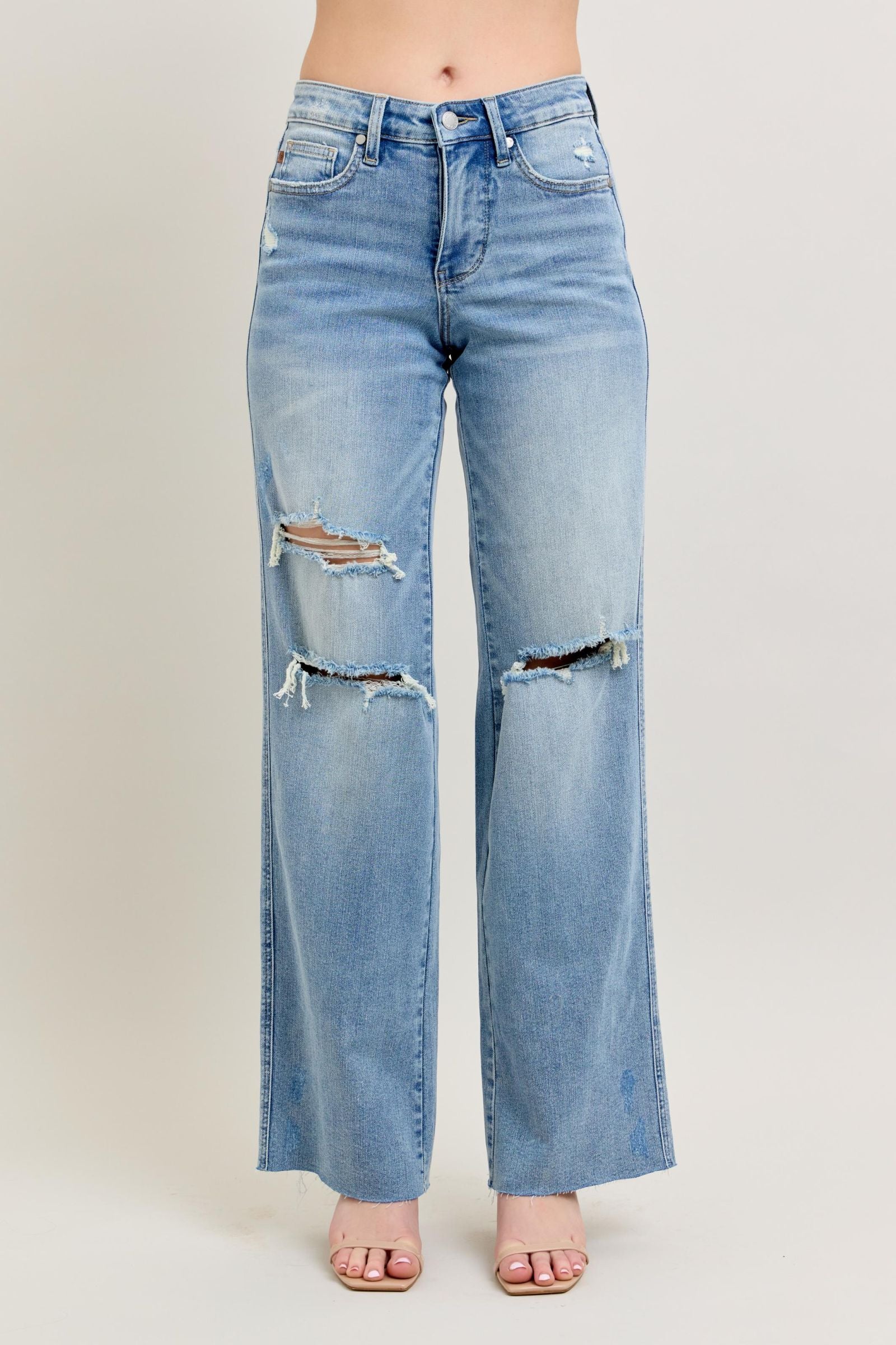 LIGHT WASH MID RISE TUMMY CONTROL DESTROYED WIDE LEG JUDY BLUE DENIM
