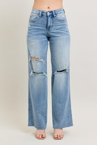LIGHT WASH MID RISE TUMMY CONTROL DESTROYED WIDE LEG JUDY BLUE DENIM