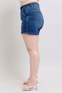 DARKWASH HIGH WAIST DOUBLE BUTTON WAISTBAND SHORTS JUDY BLUE DENIM-PLUS
