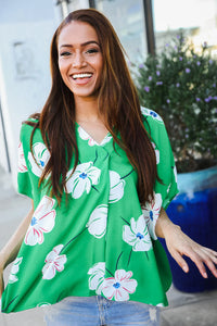 GREEN FLORAL WOVEN VNECK DOLMAN TOP-PLUS
