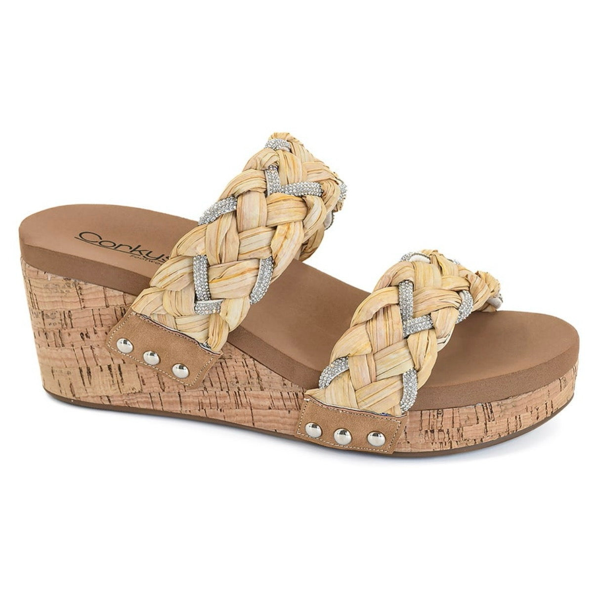 TOTAL KNOCKOUT SANDAL WEDGES RAFIA & RHINESTONE DESIGN BY CORKYS- SALE- SIZE 11 LEFT