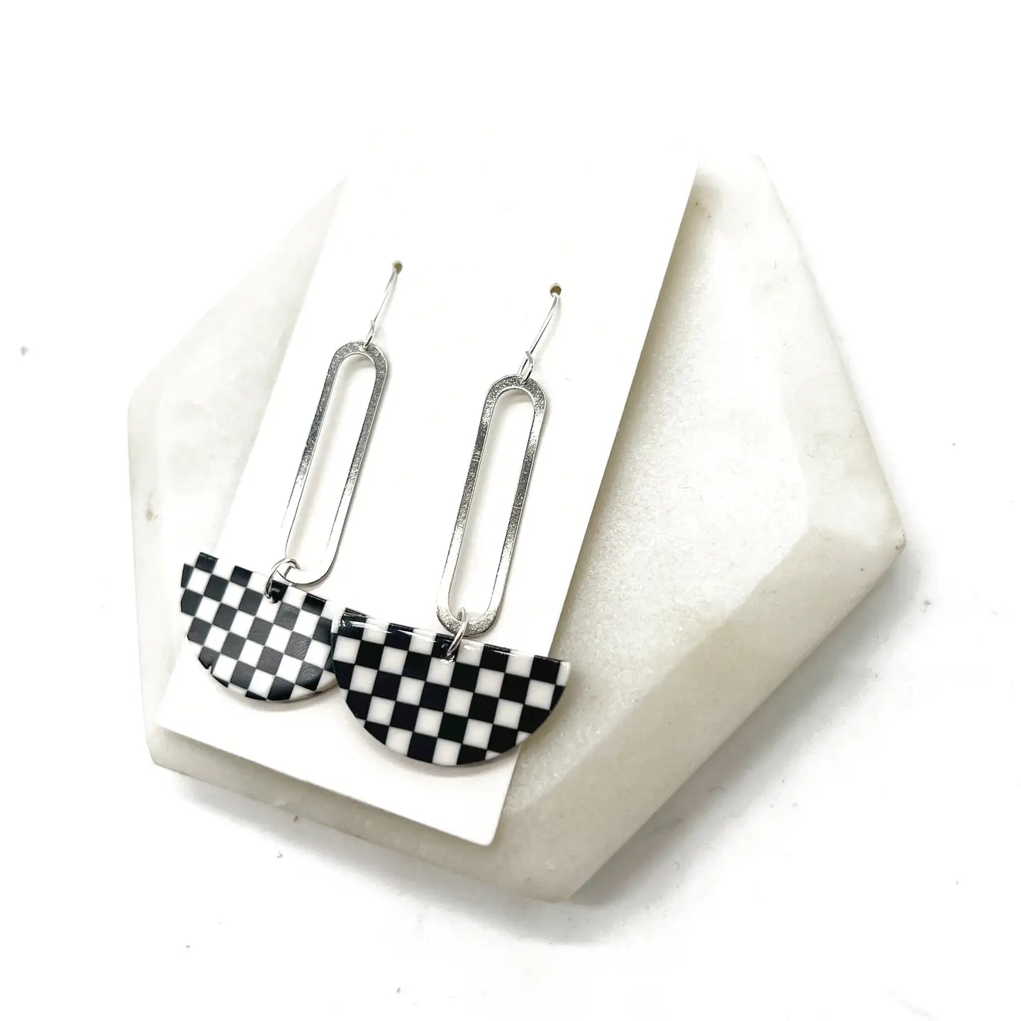BLACK & WHITE CHECKERED PRINT SILVER SWING ACRYLIC HALF CIRCLE STATEMENT HANDMADE BBB EARRINGS