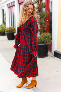 CHRISTMAS PLAID RUFFLE VNECK ELASTIC WAIST MAXI DRESS