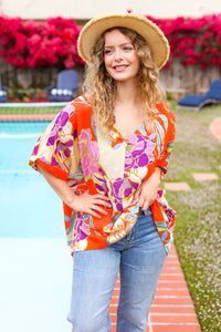 CORAL MULTI FLORAL TOP -PLUS